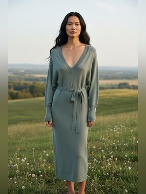 RW &Co Sage Green Long Sleeve V-Neck Midi Dress-Tie waist-Size Small